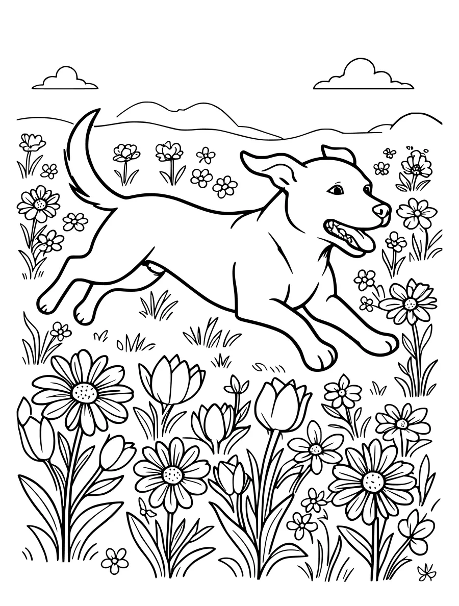 Black and white line art coloring page of dog running through a field of flowers, medium detail
