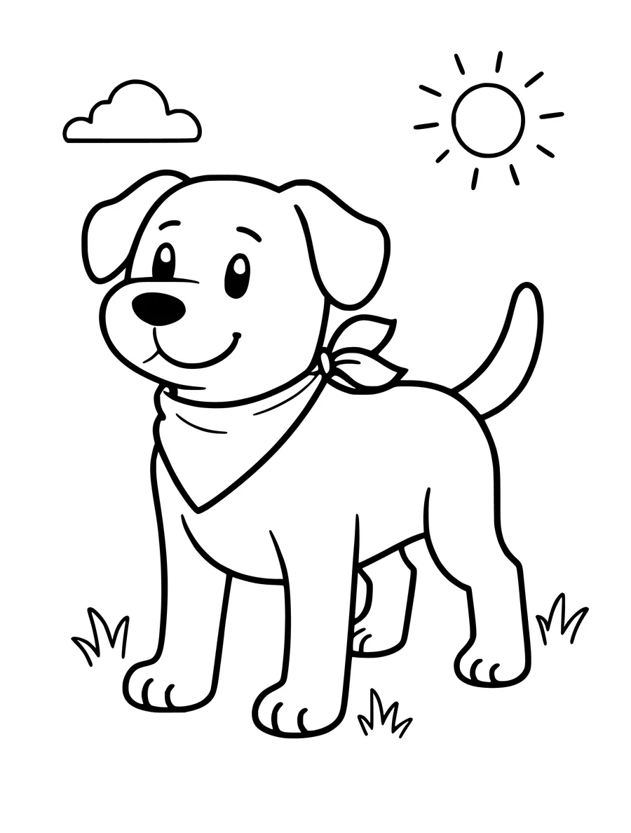 A simple coloring page of a cute puppy wearing a bandana, standing under a sun and a single cloud.