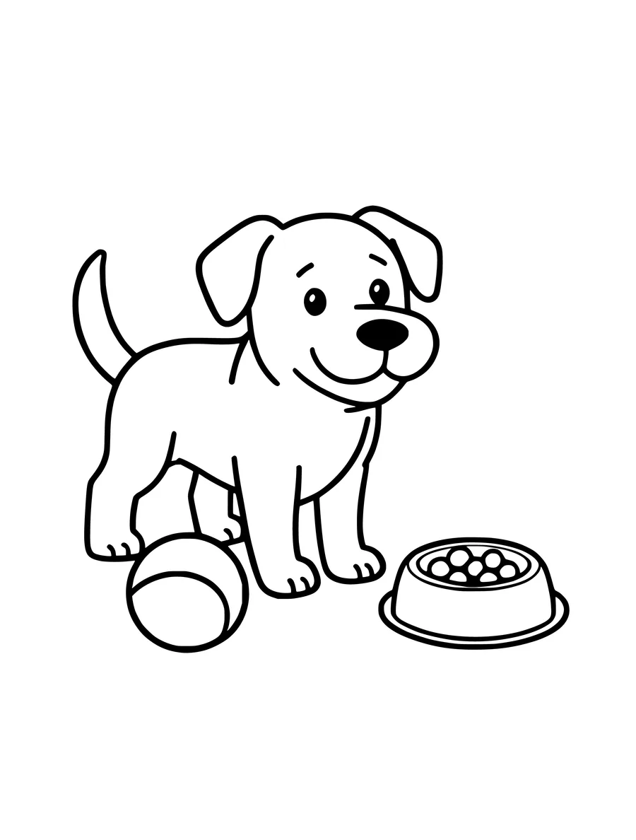 A puppy stands next to a ball and a food bowl in this simple line art drawing, colouring page
