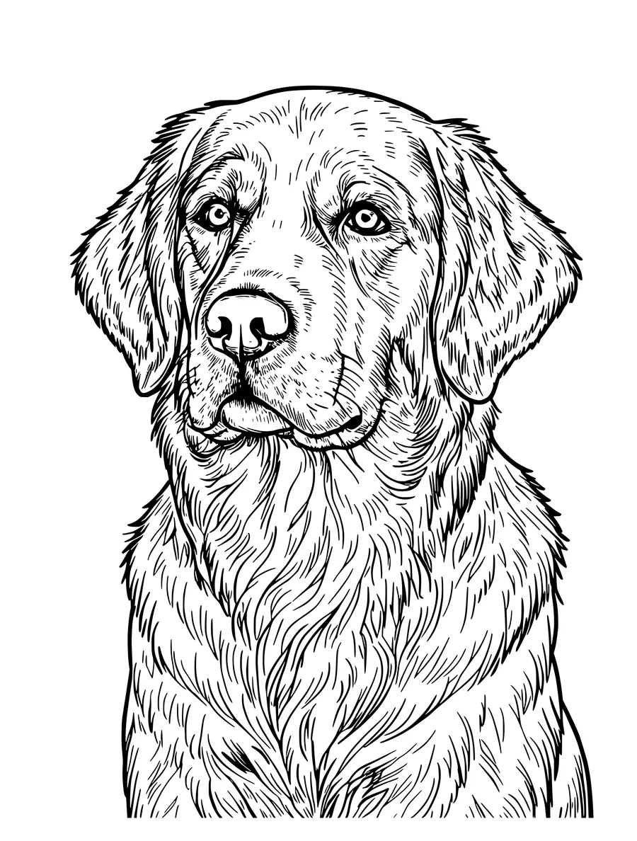 Black and white line art colouring page of golden retriever portrait with detailed fur, detailed detail