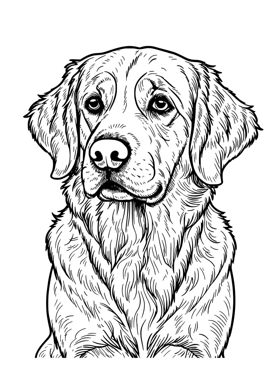 Black and white line art coloring page of golden retriever portrait with detailed fur, detailed detail