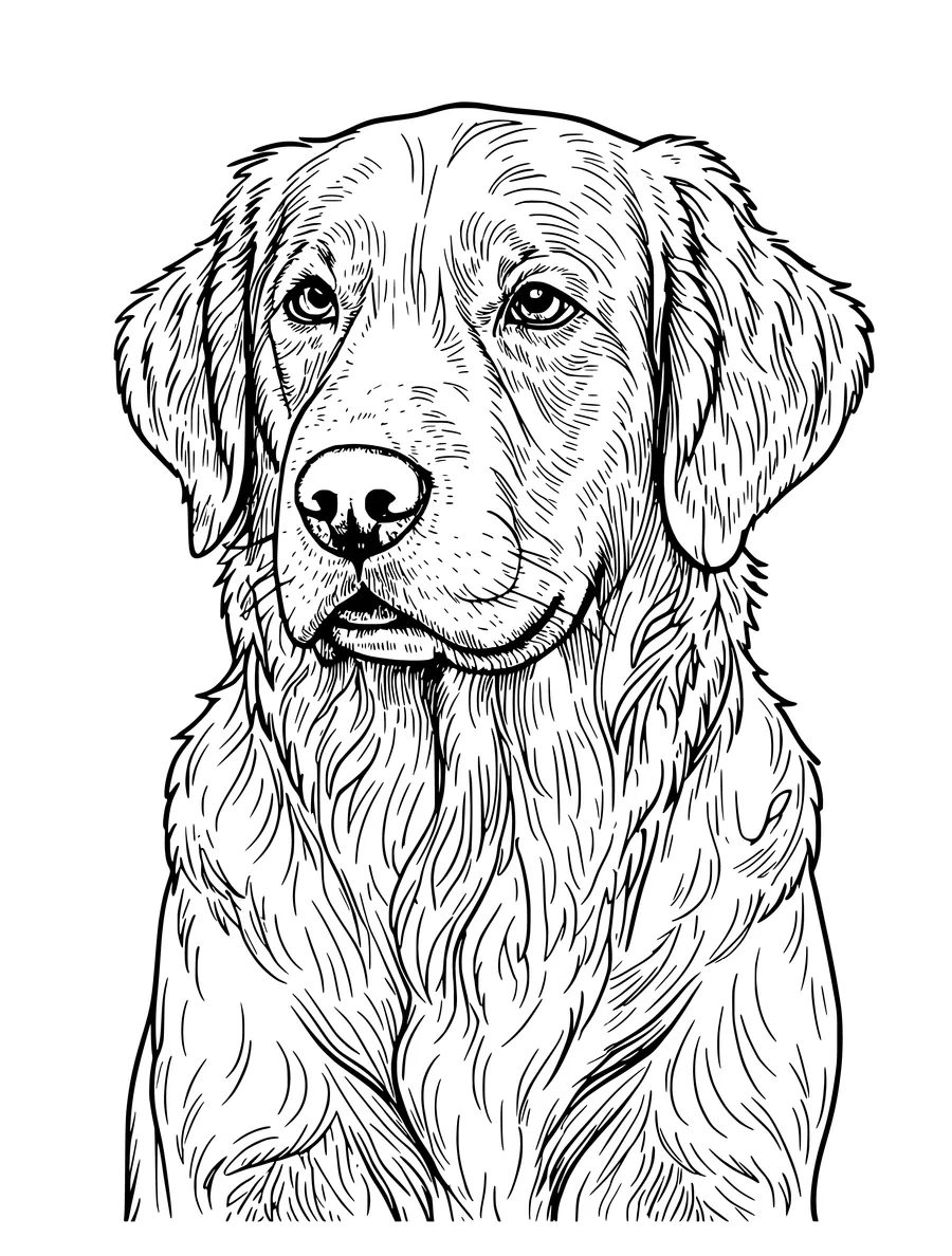 Black and white line art coloring page of golden retriever portrait with detailed fur, detailed detail