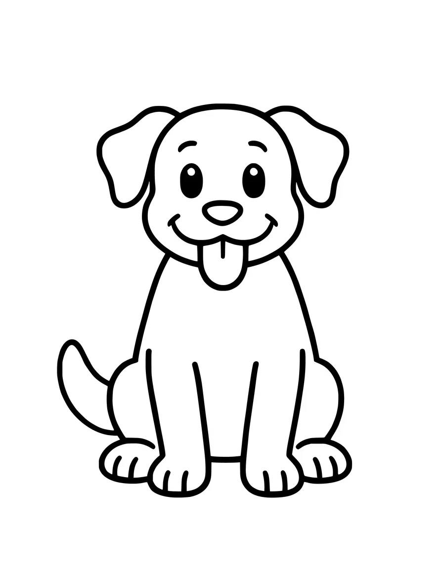 Black and white line art coloring page of happy dog sitting with its tongue out, simple detail