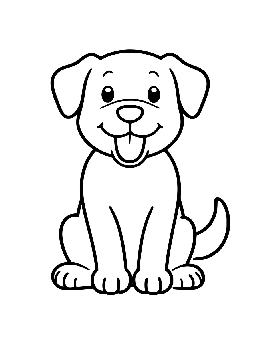 Black and white line art colouring page of happy dog sitting with its tongue out, simple detail