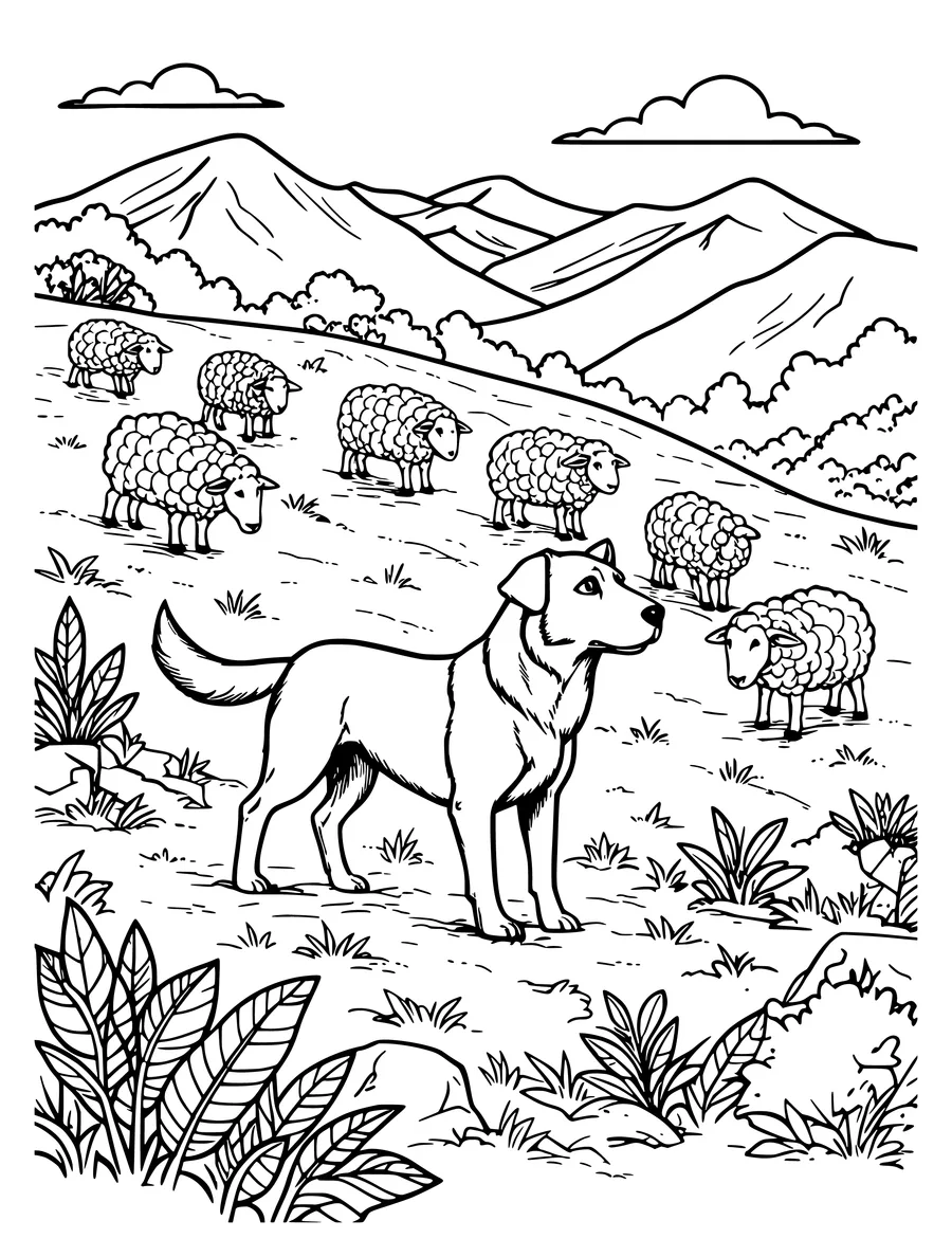 Black and white line art coloring page of herding dog on a hillside with sheep, detailed detail