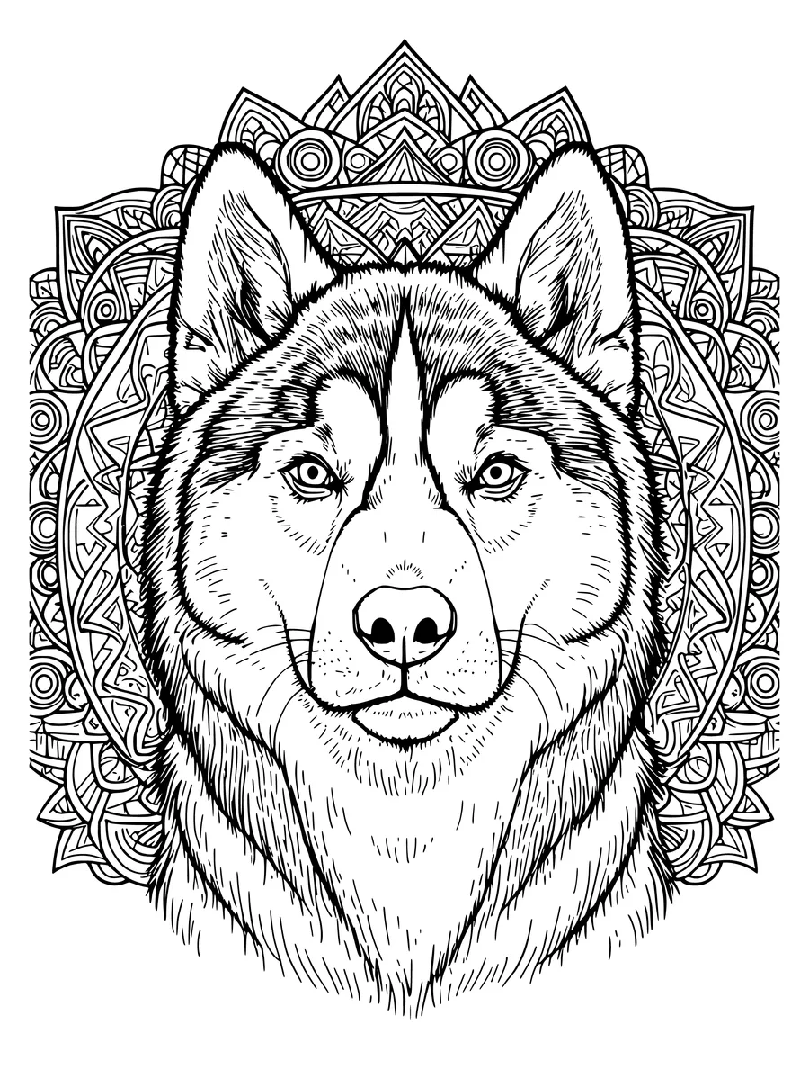 A detailed husky face centered in front of an intricate mandala pattern, coloring page