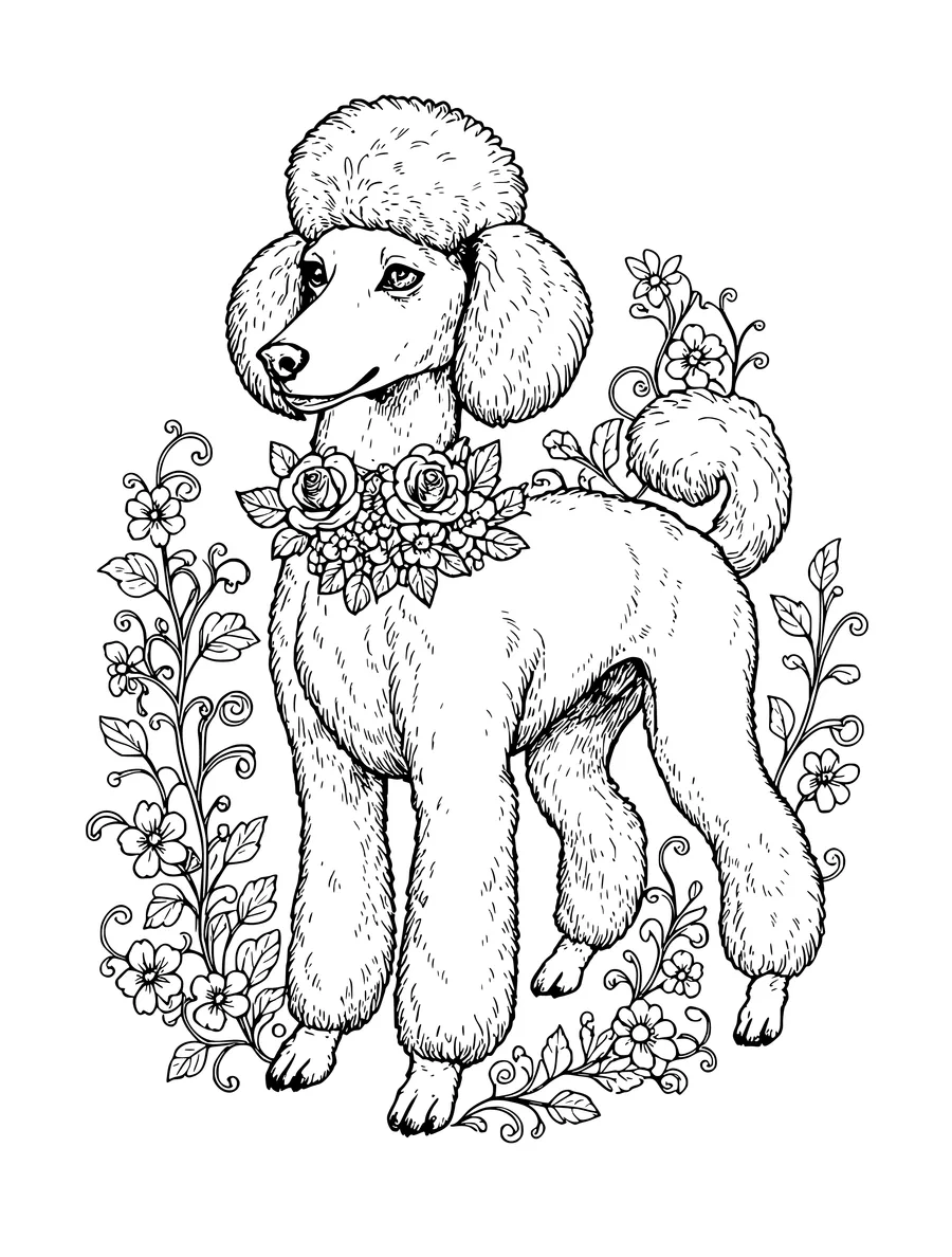 An intricate colouring page of a poodle with ornate fur and a floral collar.