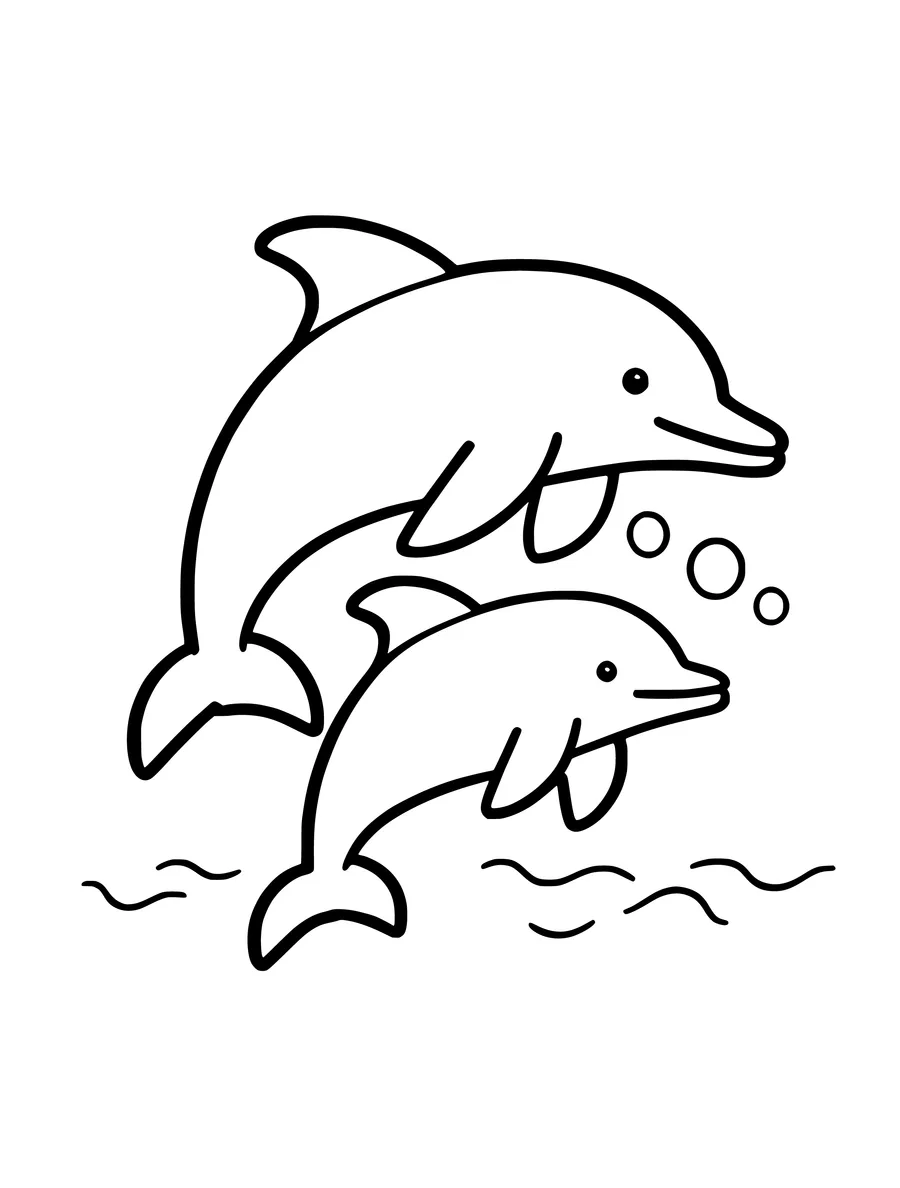 A baby dolphin swims alongside its mother in this easy, clean-lined coloring page design.