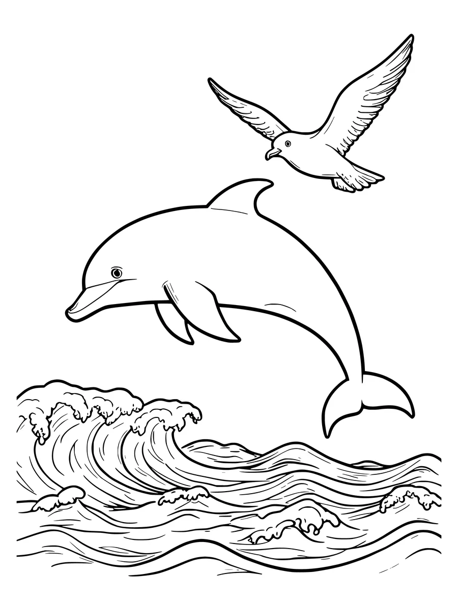 Black and white line art coloring page of dolphin and a seagull above the waves, medium detail