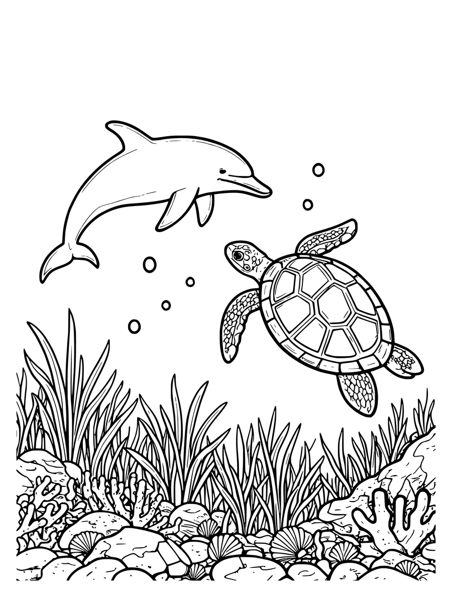 A detailed coloring page features a dolphin and a sea turtle swimming above a bed of seagrass and coral.