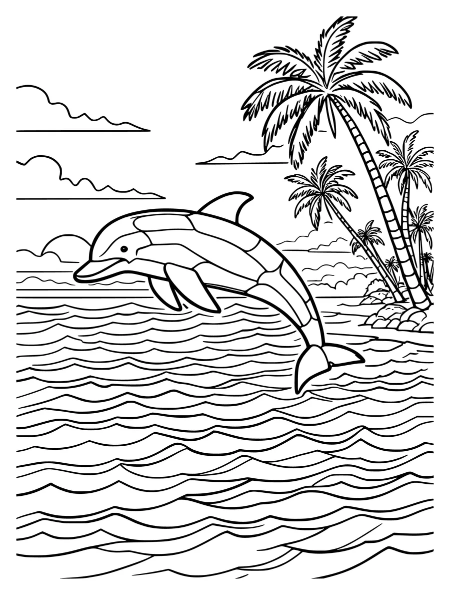 Black and white line art coloring page of dolphin at sunset with palm trees on the shore, detailed detail