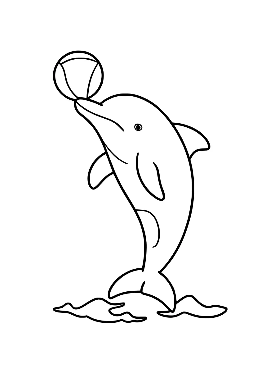 A cheerful dolphin balances a round ball on its nose in this simple, medium-detail colouring page.