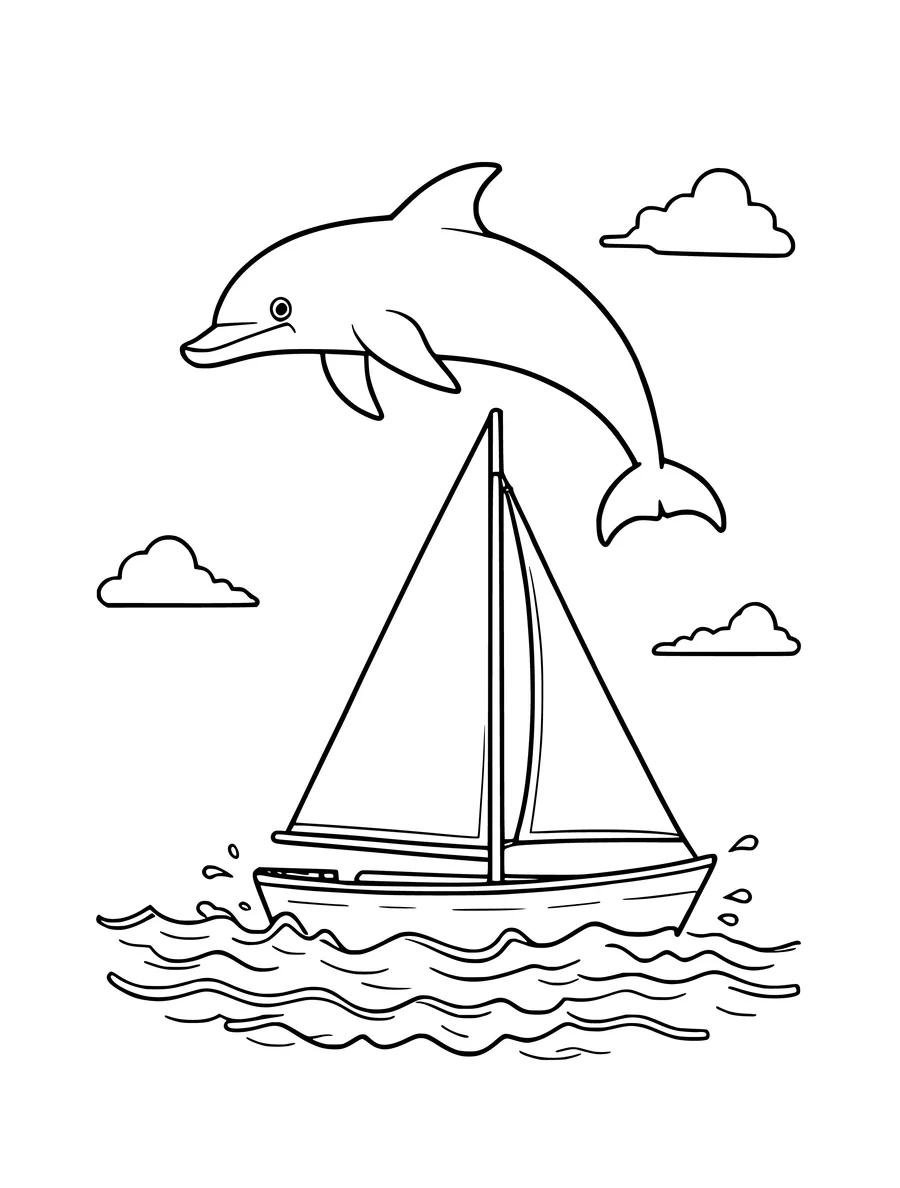 A colouring page shows a dolphin leaping over a sailboat on a wavy sea with clouds in the sky.