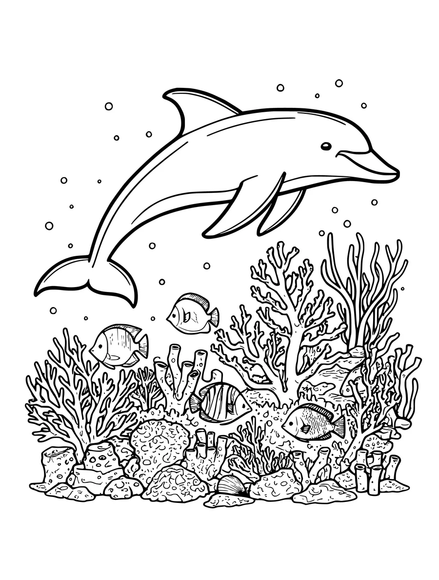 A dolphin swims above a detailed coral reef filled with various fish in this complex coloring page.