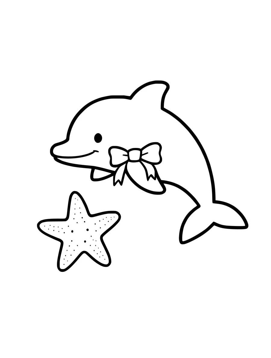 A simple colouring page for young children features a cute dolphin wearing a bow next to a spotted starfish.