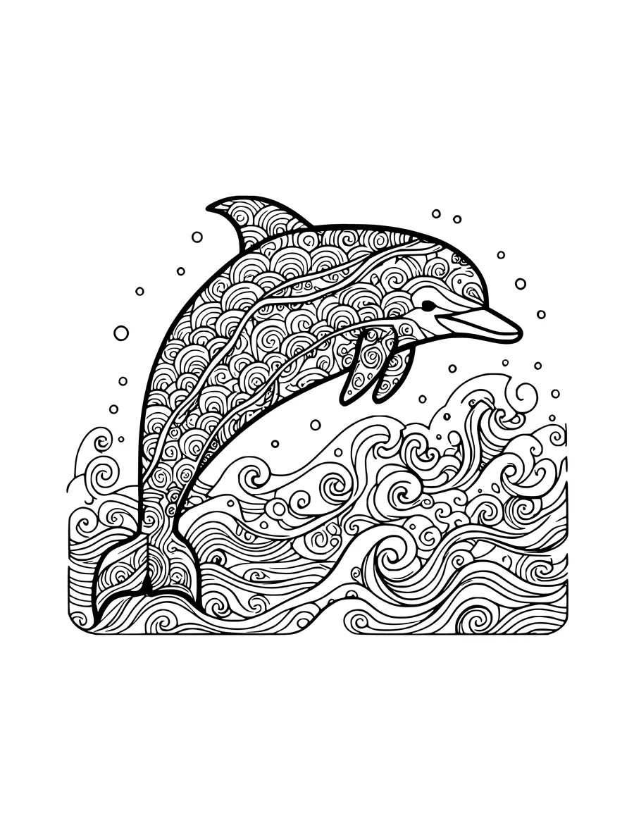 A coloring page depicts a dolphin leaping from waves, with intricate swirling patterns covering its body.