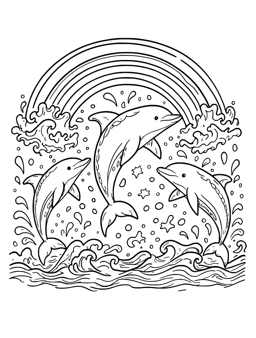Black and white line art colouring page of dolphins leaping through a rainbow of water, medium detail