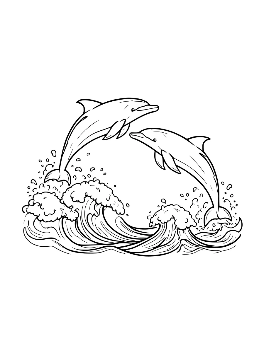 Black and white line art coloring page of pair of dolphins jumping through waves, medium detail