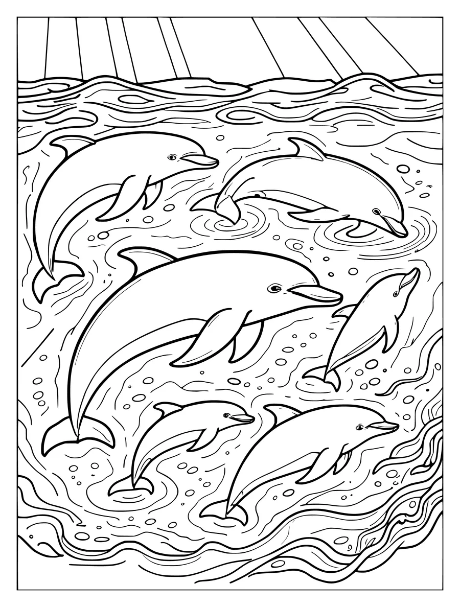 A pod of dolphins swims through water with detailed ripples and sunbeams in this intricate line art.