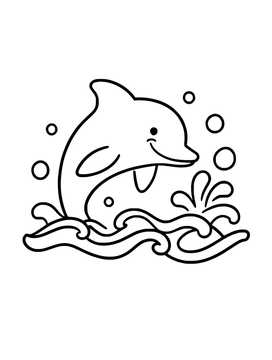 A smiling dolphin leaps out of stylized ocean waves on this simple colouring page for children.