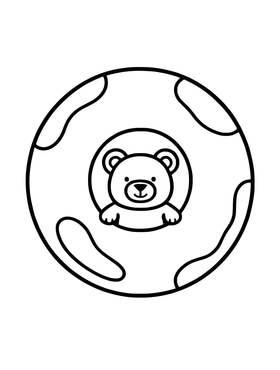 A cute colouring page of a small bear cub peering through the center of a large, round donut.