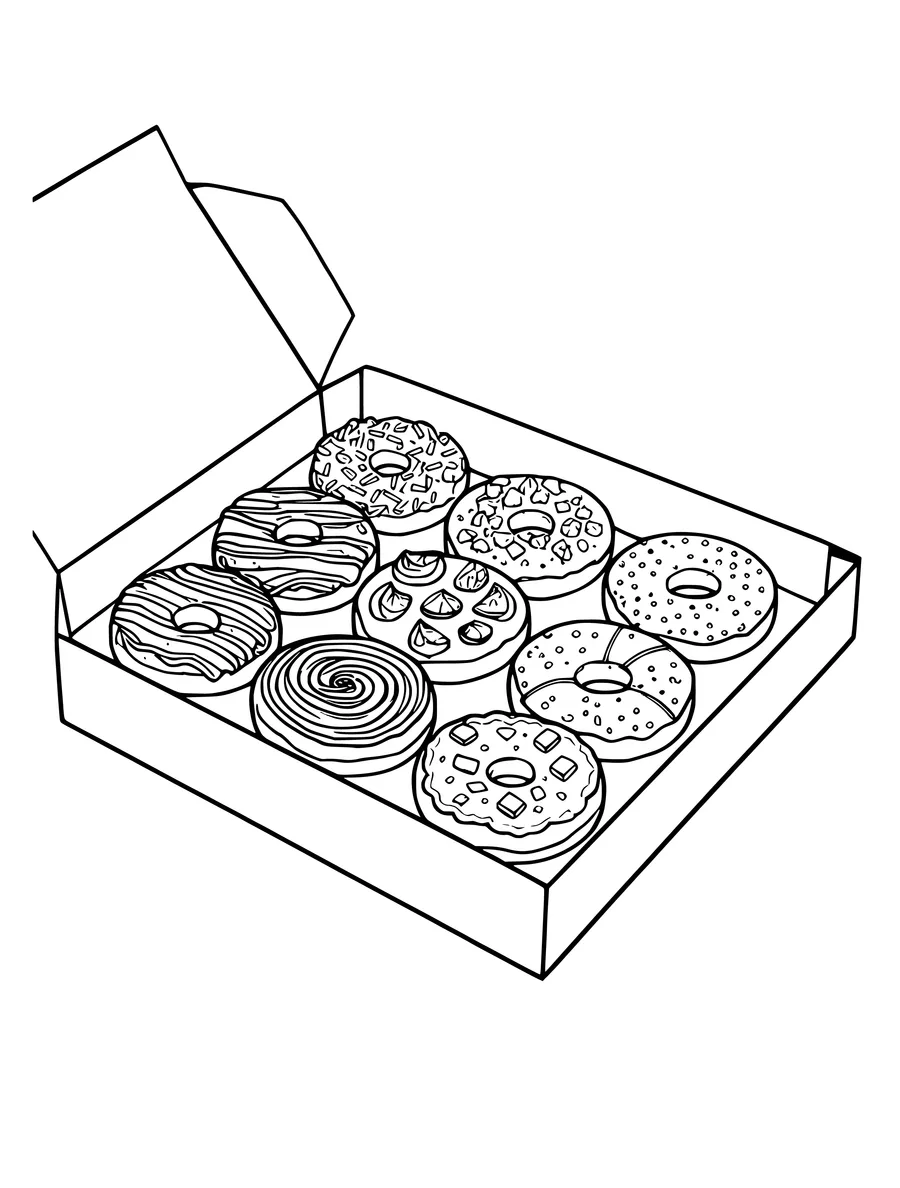 A coloring page showing an open box containing twelve assorted donuts with various toppings.