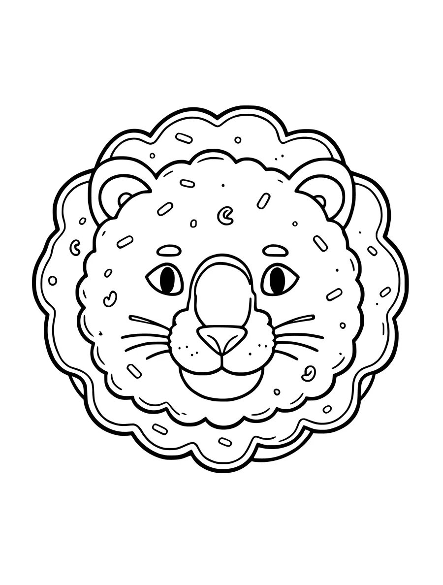 Black and white line art coloring page of donut decorated as a lion face with a frosting mane, medium detail