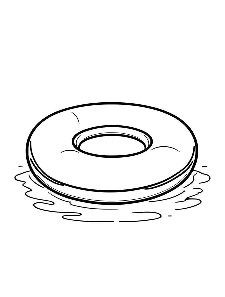 Black and white line art coloring page of donut-shaped pool float on the water, simple detail