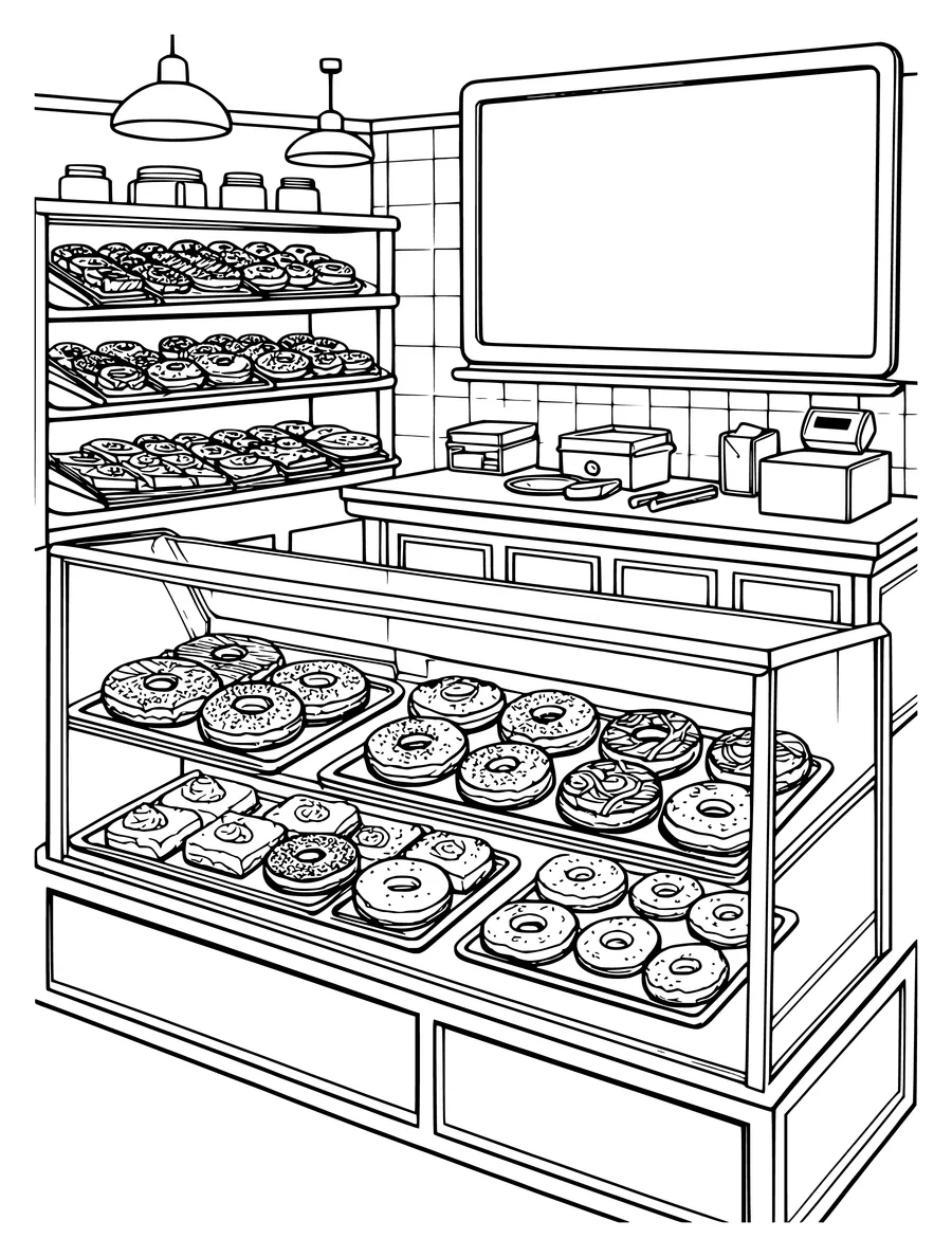 A detailed colouring page of a bakery counter filled with trays of various donuts and a cash register.