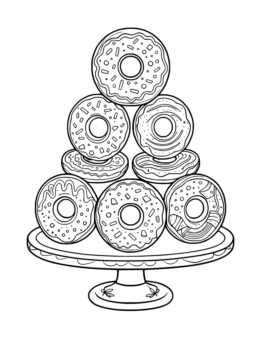 A tower of assorted donuts displayed on a decorative cake stand as a line art colouring page.