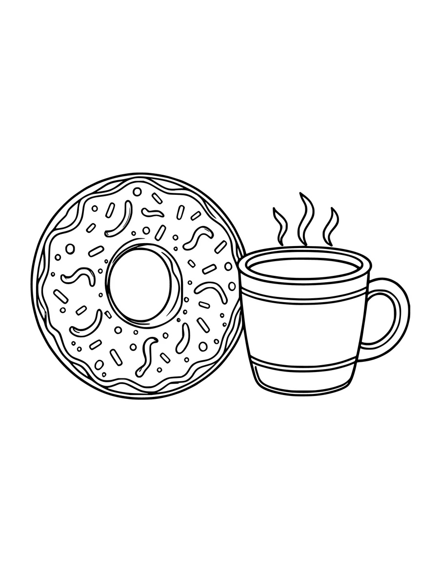 A sprinkled donut resting beside a steaming cup of coffee in a clean line art coloring page.