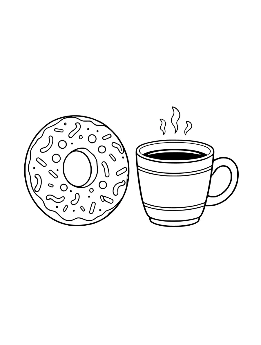 Black and white line art coloring page of donut with a coffee cup beside it, medium detail