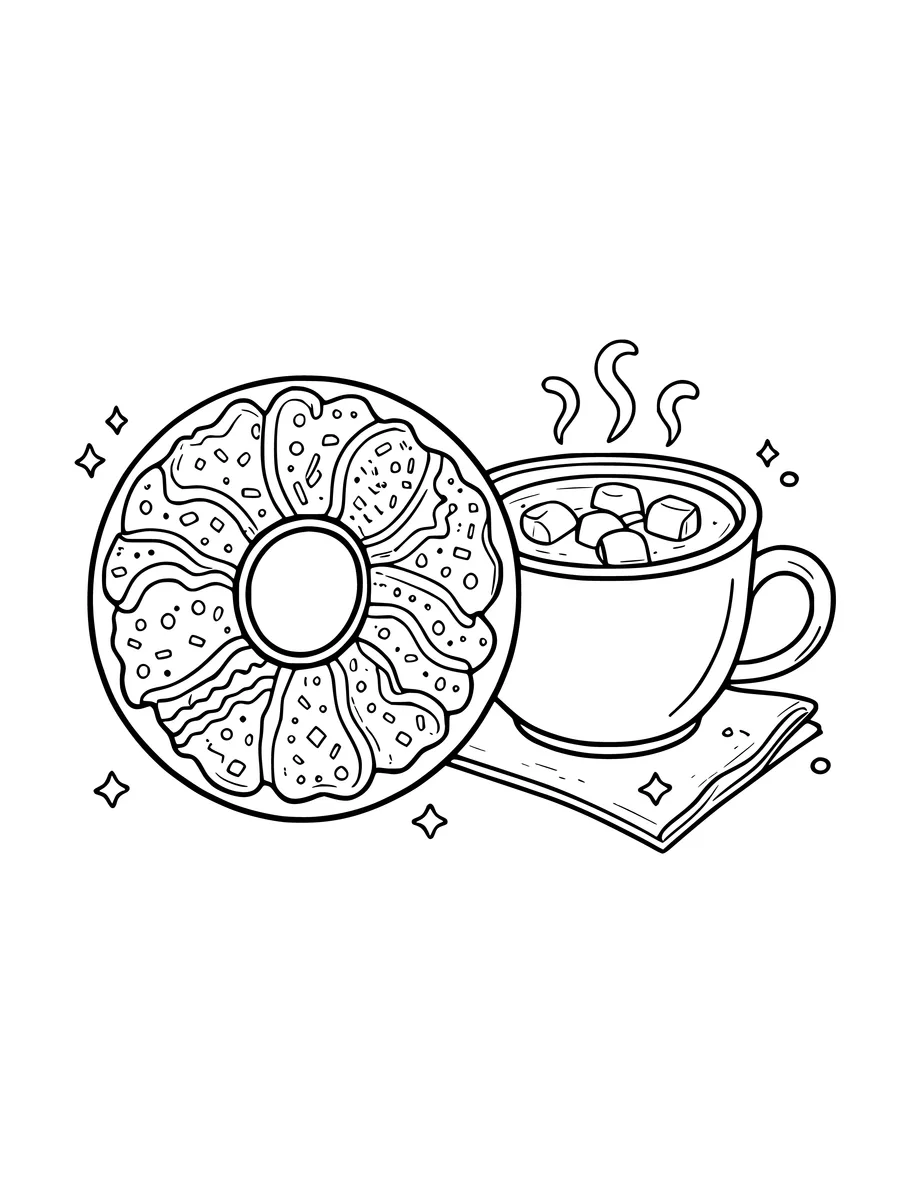 A detailed coloring page featuring a donut next to a steaming cup of hot cocoa with marshmallows.