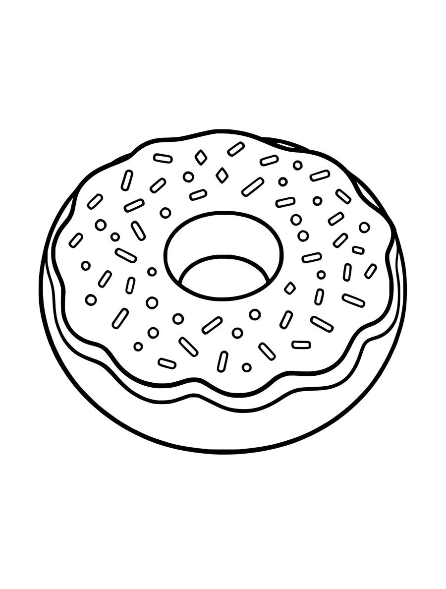 A detailed coloring page of a single donut topped with a large, stylized flower made of frosting.