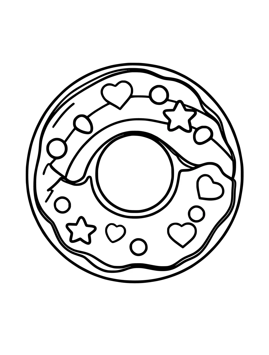 A donut decorated with icing, hearts, stars, and circular sprinkles for a colouring page.