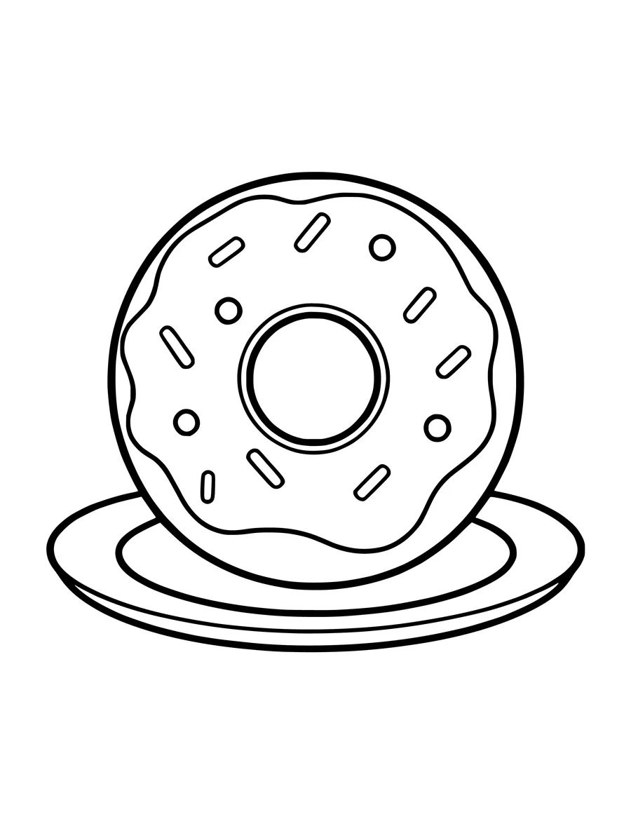 A simple line art colouring page of a sprinkle-covered donut resting on a plate.