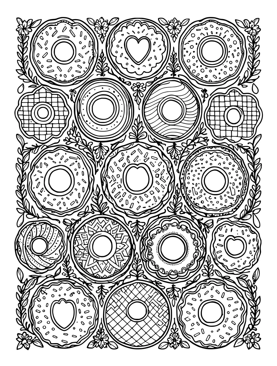 An intricate coloring page featuring a wall of many different donuts with floral and geometric patterns.