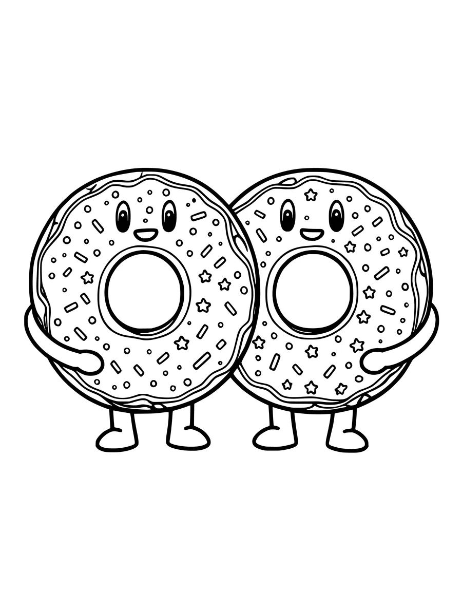 A line art colouring page depicting a pair of smiling, anthropomorphic donuts hugging each other.