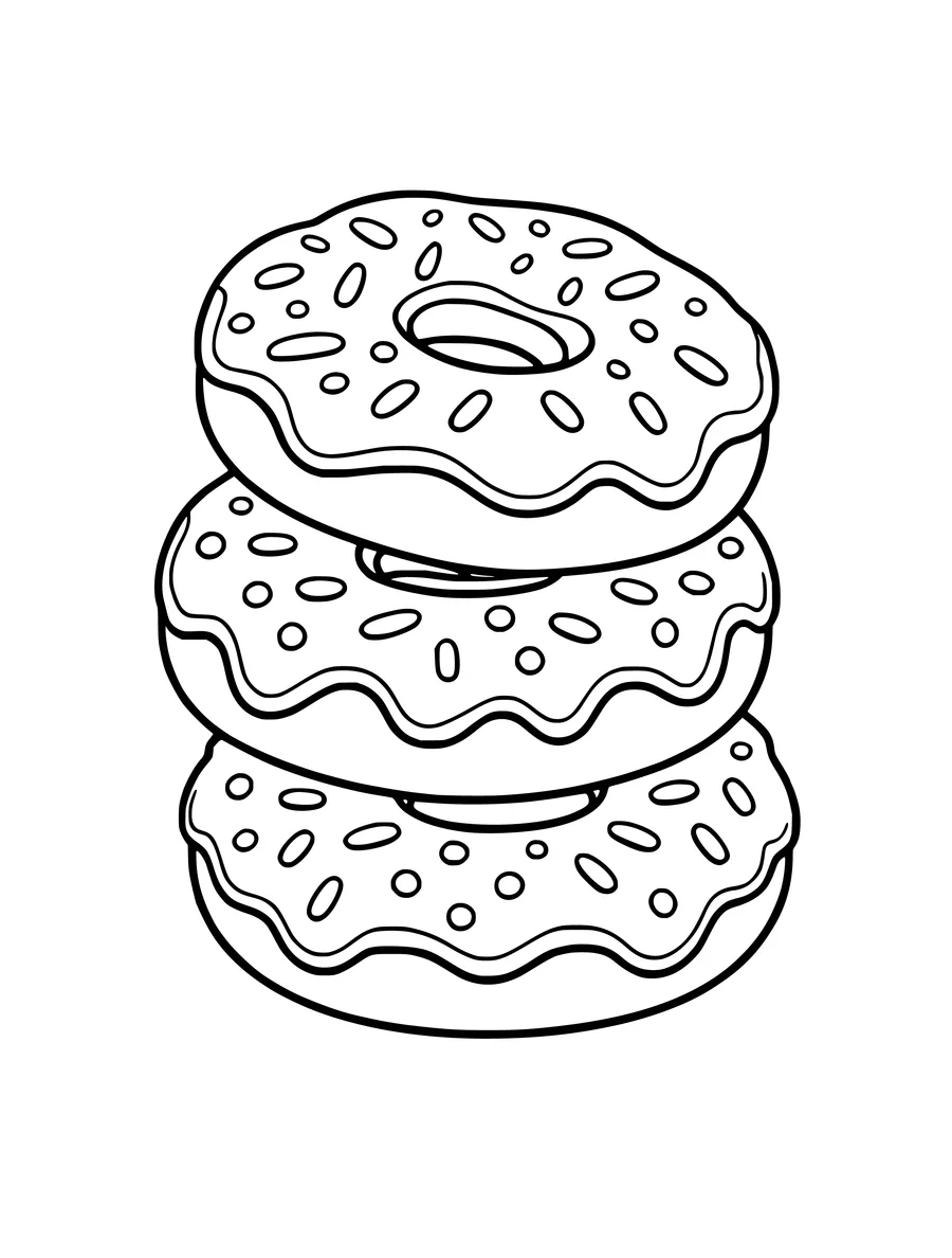A vertical stack of three donuts with different frosting patterns in a simple colouring page.