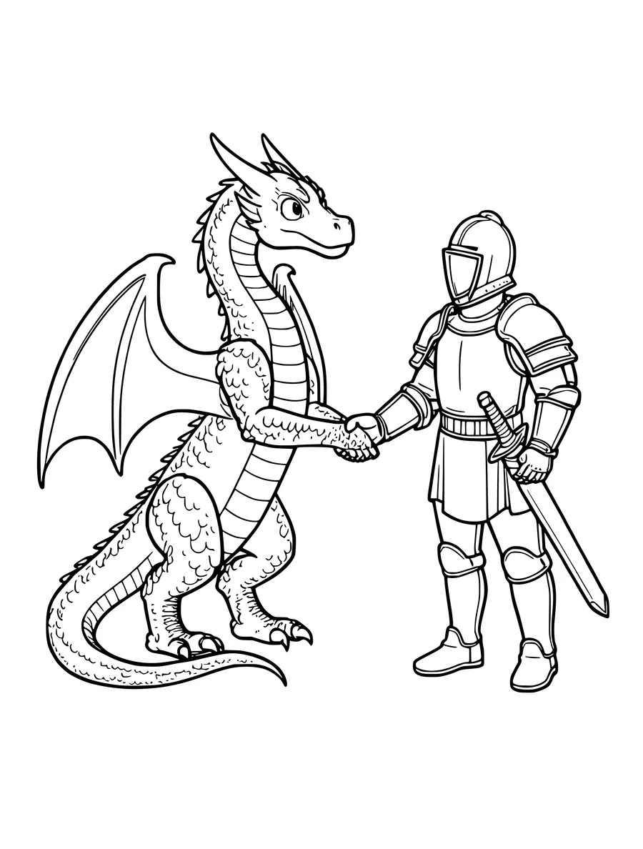 Black and white line art colouring page of dragon and a knight shaking hands, medium detail