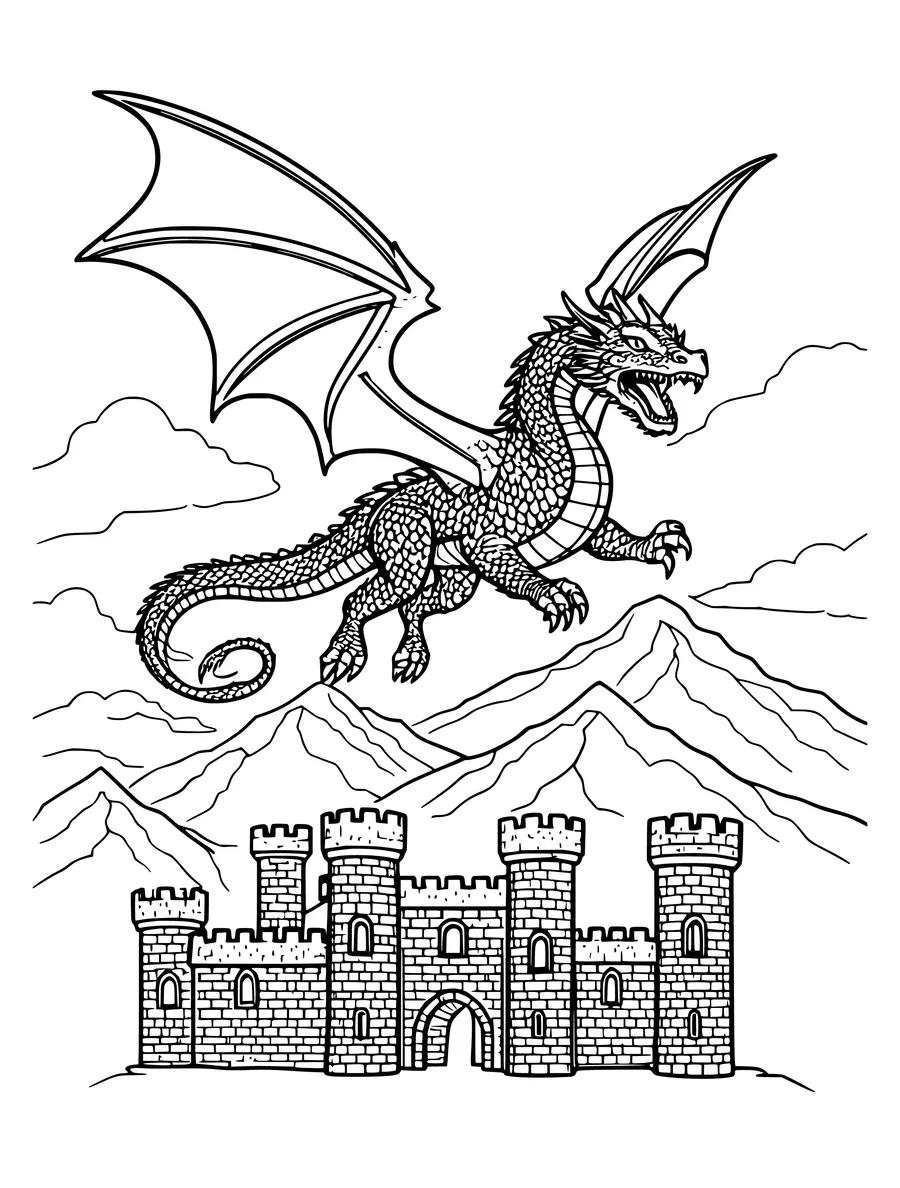 Black and white line art coloring page of dragon flying over a castle with mountains behind it, detailed detail