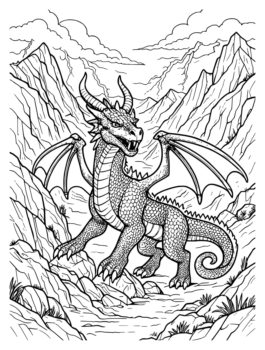 Black and white line art coloring page of dragon guarding a mountain pass with clouds and lightning, detailed detail
