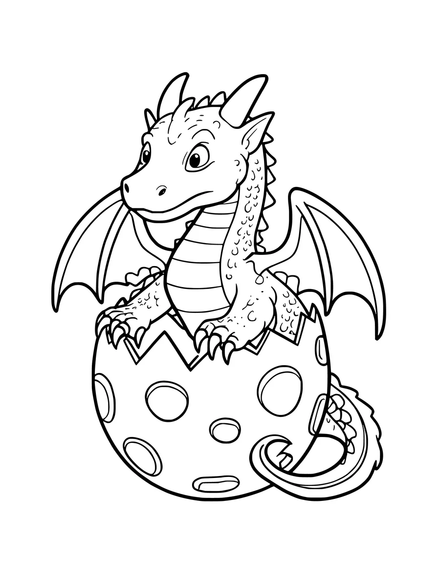 A small dragon is hatching from a large, spotted egg in this black and white coloring page.