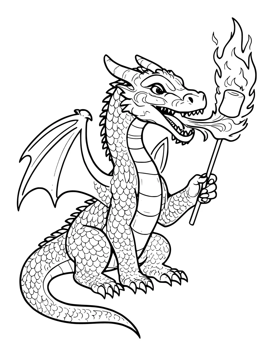 A dragon roasts a marshmallow over a large flame coming from its mouth in this coloring page.