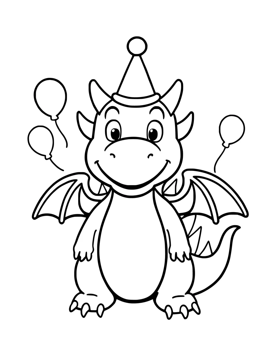 A cute dragon wearing a party hat is standing between two floating balloons as a colouring page.