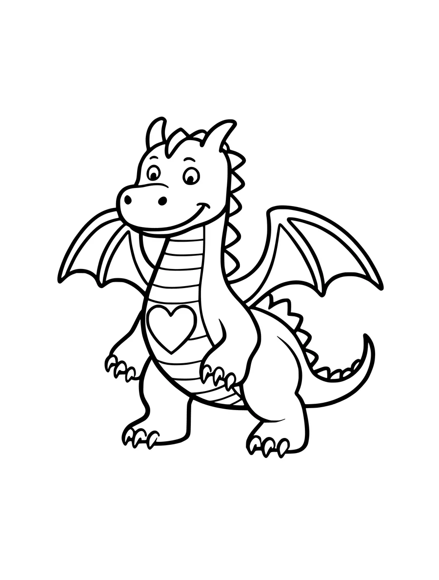 Black and white line art colouring page of dragon with a heart on its chest, simple detail