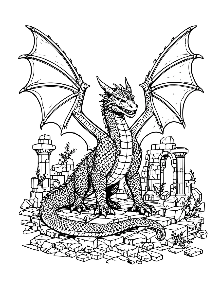 Black and white line art coloring page of dragon with intricate scales and spiked wings spreading above a ruin, intricate...