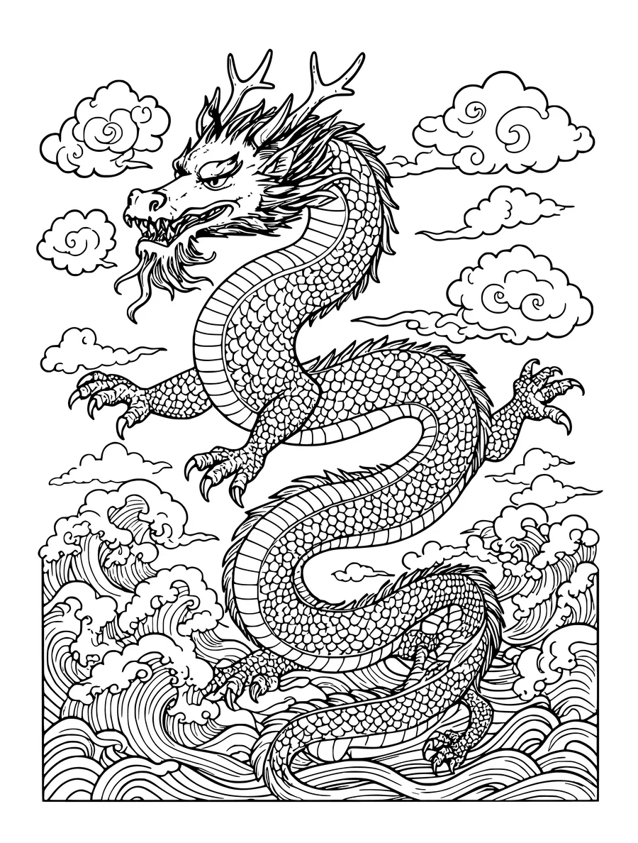 Black and white line art coloring page of eastern dragon winding through clouds and waves, detailed detail
