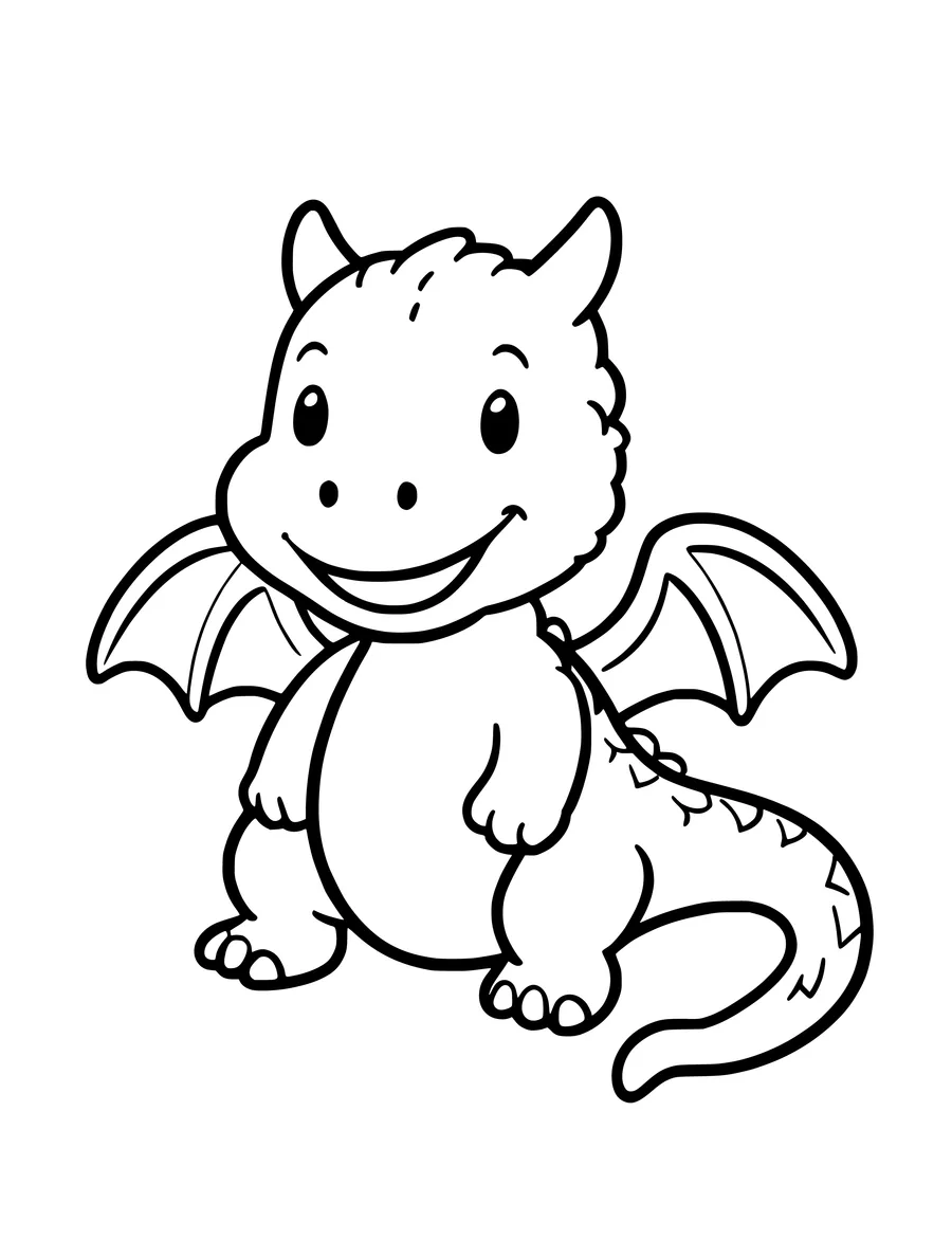 A friendly baby dragon with small wings and a long, curved tail stands in this simple colouring page.
