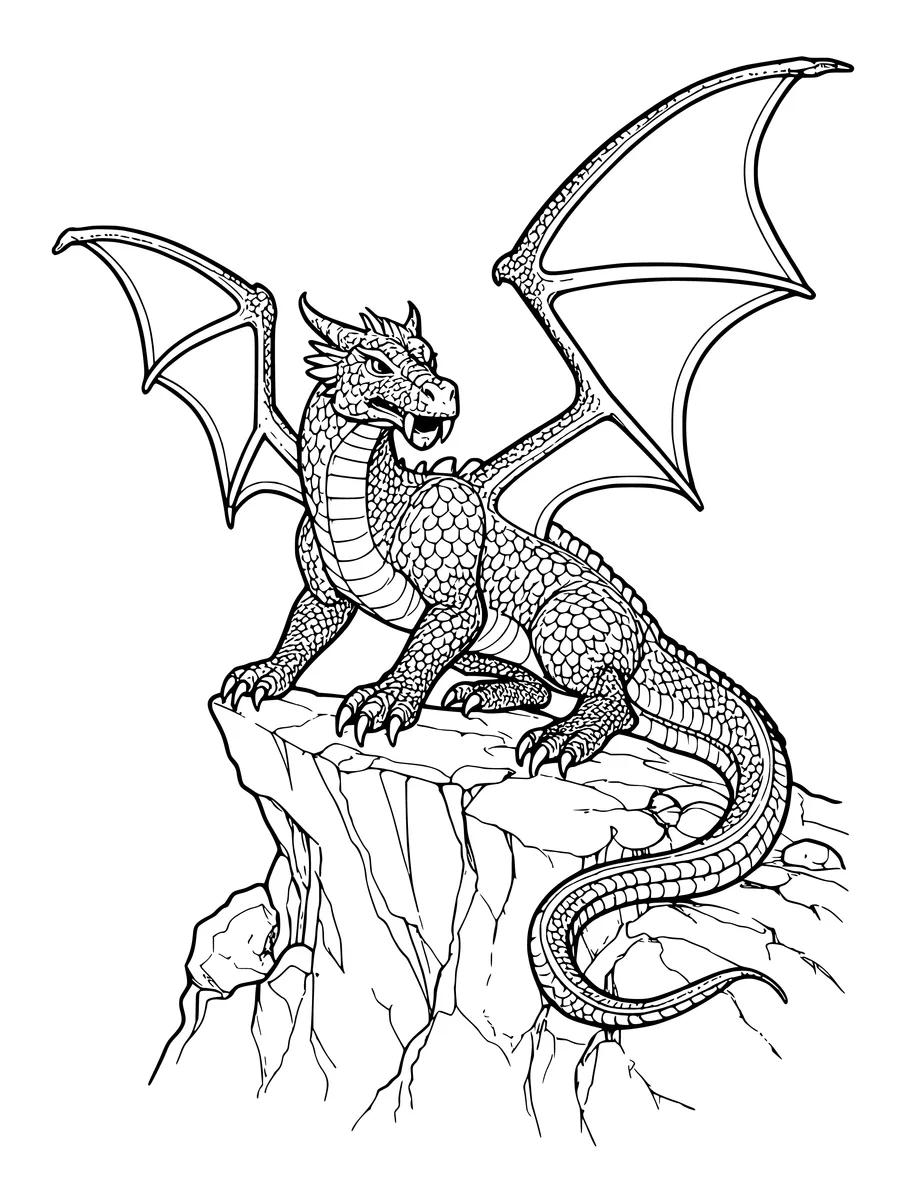Black and white line art coloring page of western dragon with detailed scales and large wings perched on a cliff,...